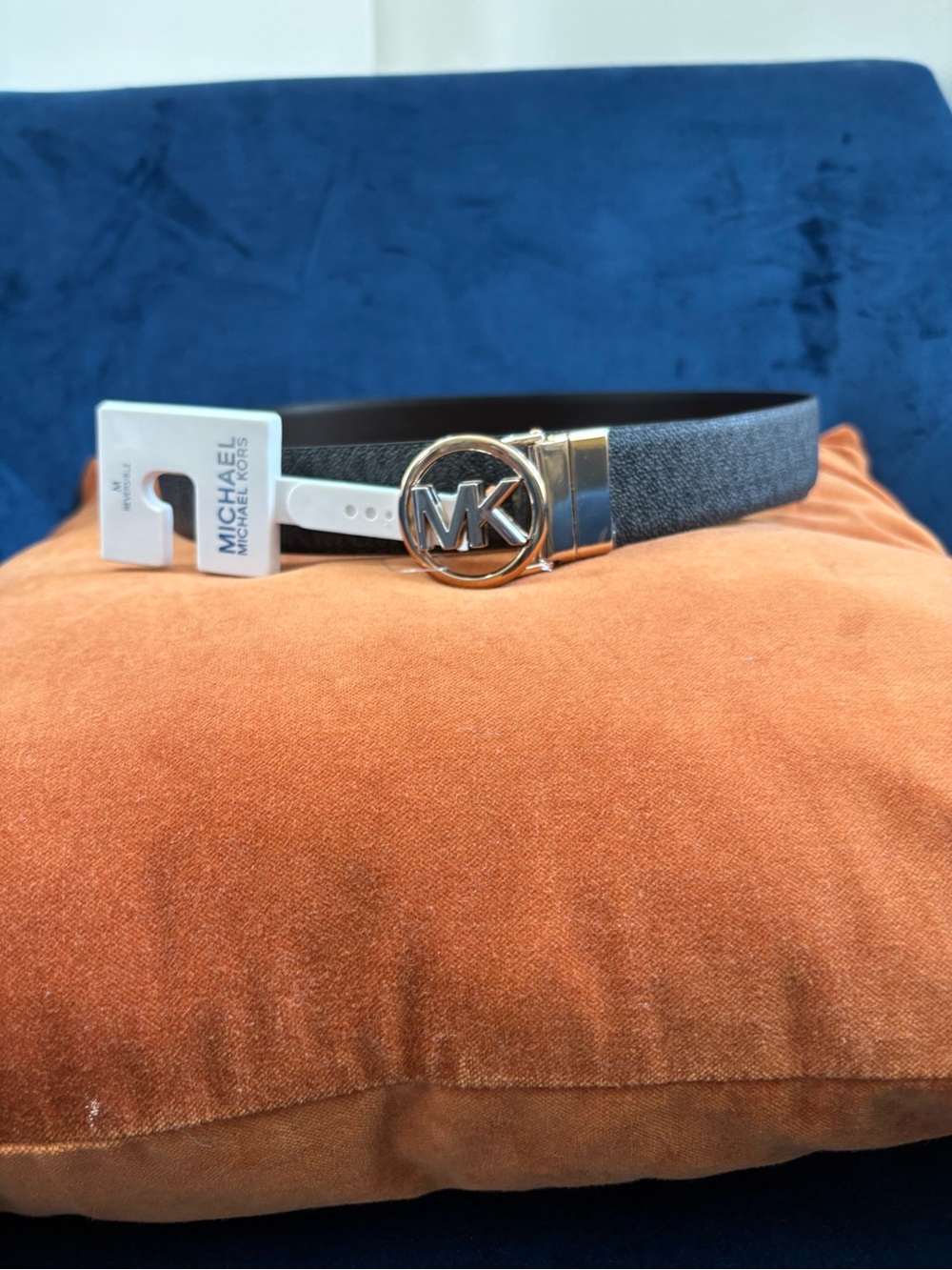 Michael Kors Gray & Black Reversible Logo Buckle Belt with Gold Hardware